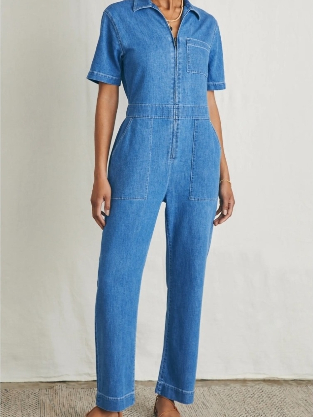 Faherty Blue Denim Short-Sleeve Zip Jumpsuit